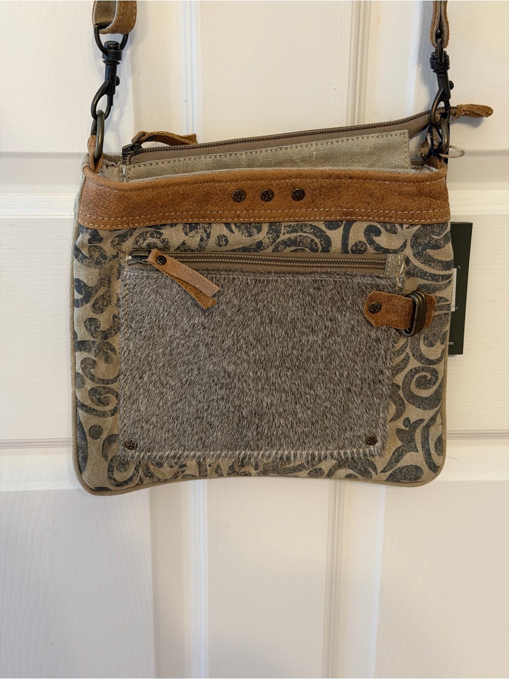 NWT Myra Bag Crossbody Purse Neutral Patterned with Suede Trim